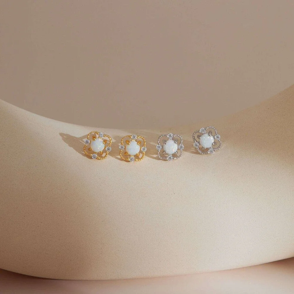 Floral Opal Sterling Silver Stud Earrings